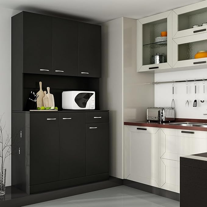 DMAITH 71" Black Kitchen Pantry Cabinets with Microwave Stand, 6 Doors & 3 Adjustable Shelves, Freestanding China Cabinet Hutch, Buffet Cabinet with Storage