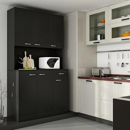 DMAITH 71" Black Kitchen Pantry Cabinets with Microwave Stand, 6 Doors & 3 Adjustable Shelves, Freestanding China Cabinet Hutch, Buffet Cabinet with Storage