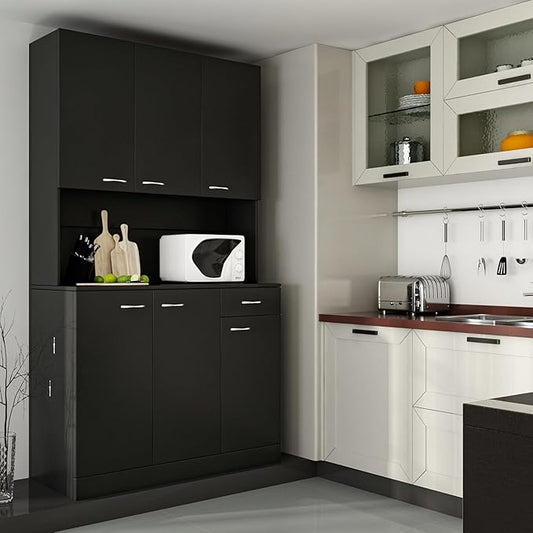 DMAITH 71" Black Kitchen Pantry Cabinets with Microwave Stand, 6 Doors & 3 Adjustable Shelves, Freestanding China Cabinet Hutch, Buffet Cabinet with Storage