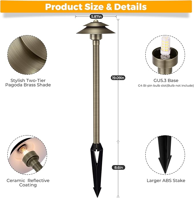 Gardencoin Solid Brass Low Voltage Landscape Pathway Lights (6'' Shade, 19'' Tall), 12V LED Heavy Duty Path Lighting Outdoor Wired, Waterproof Antique Bronze Walkway Light Without G4 Bulb,6 Pack