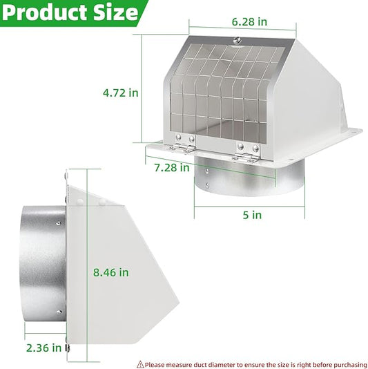Dryer Vent Cover Outside 5 Inch,Dryer Vent Cover for Exterior Wall,External Extractor Wall Vent Exhaust Vent Cover with Screen and Damper,Dryer Vent Cap for Duct House Kitchen Range Hood AC,White