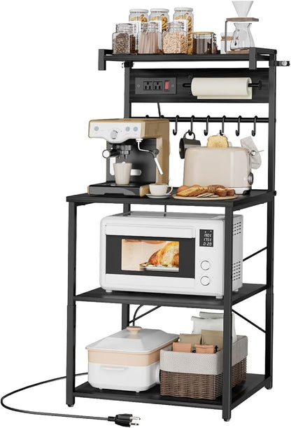 VEVOR Kitchen Bakers Rack with Power Outlets, 23.6 x 15.7 x 55.1 Inch Microwave Stand with Built-in Power Strip & 4.6 Ft Cord, 8 S-Shaped Hooks, for Dish Storage, Spice Jars, Coffee Bar Organization