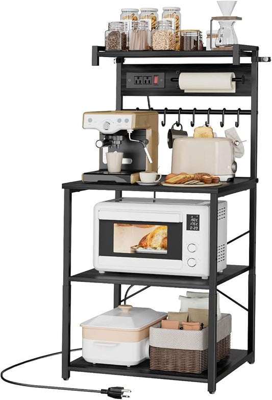 VEVOR Kitchen Bakers Rack with Power Outlets, 23.6 x 15.7 x 55.1 Inch Microwave Stand with Built-in Power Strip & 4.6 Ft Cord, 8 S-Shaped Hooks, for Dish Storage, Spice Jars, Coffee Bar Organization