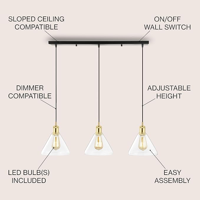 JONATHAN Y 30.5" Brass Gold/Black 3-Light Iron and Glass Linear Pendant Light, Adjustable Height for Kitchen Island Dining Room, Modern Farmhouse, LED Bulbs Included JYL1123A