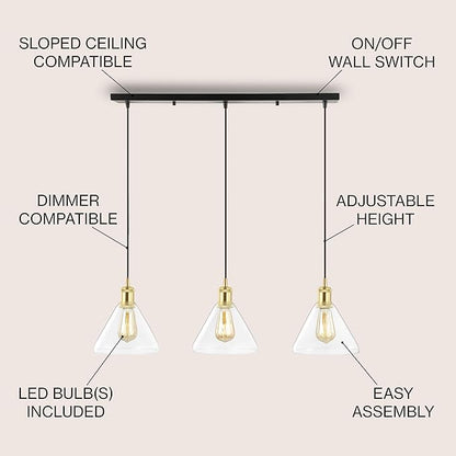 JONATHAN Y 30.5" Brass Gold/Black 3-Light Iron and Glass Linear Pendant Light, Adjustable Height for Kitchen Island Dining Room, Modern Farmhouse, LED Bulbs Included JYL1123A
