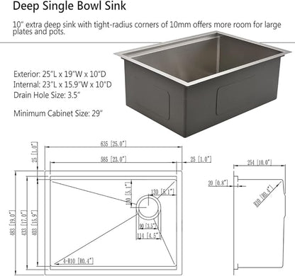 25 inch Undermount Kitchen Sink Workstation 16 Gauge Stainless Steel Single Bowl Kitchen Sink with Offset Drain