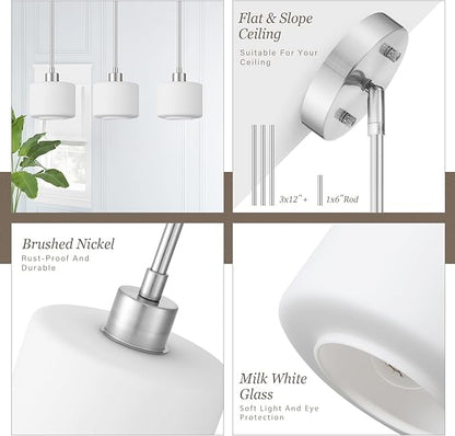 Brushed Nickel Pendant Lights Kitchen Island, 1-Light Modern Milk Glass Hanging Light Fixtures with Rods, Mini Kitchen Pendant Lighting Over Island for Sink Bathroom, OS-YQ8153-1PBN