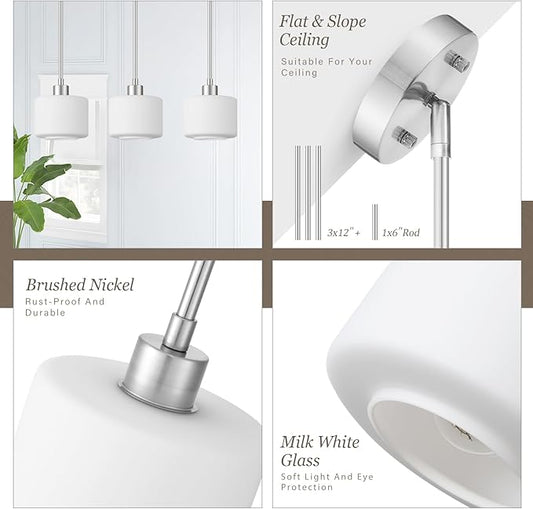 Brushed Nickel Pendant Lights Kitchen Island, 1-Light Modern Milk Glass Hanging Light Fixtures with Rods, Mini Kitchen Pendant Lighting Over Island for Sink Bathroom, OS-YQ8153-1PBN