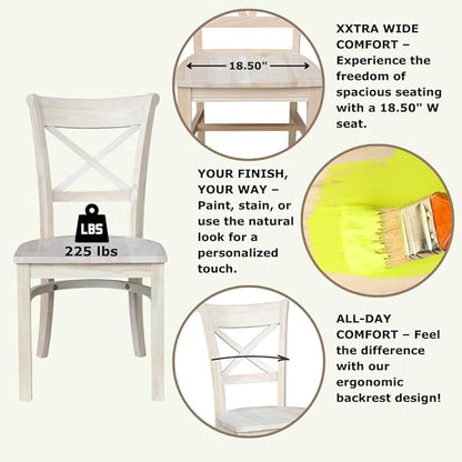 Charlotte X-Back Wooden Chairs, Set of 2, Sturdy Solid Wood Construction, Ideal for Dining Room and Kitchen - Unfinished