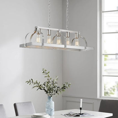WUZUPS 5-Light Metal Chandelier Linear Pendant Ceiling Lighting Rustic Farmhouse Fixture Kitchen Island Dining Room, H 8.5" L 31.5" W10, E26 Base, Brushed Nickel