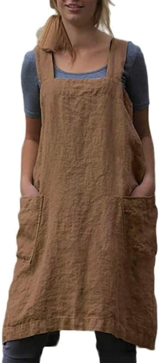 Cotton Linen Apron Cross Back Apron for Women with Pockets Pinafore Dress for Baking Cooking