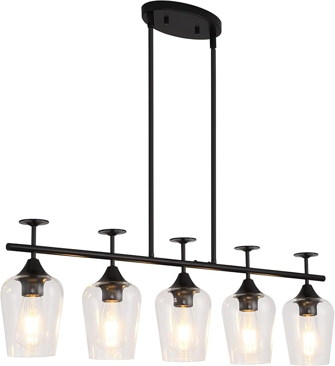 5-Light Linear Chandelier 35.4in Black Kitchen Island Lighting Fixture Dining Room Light Fixture Pendant Lights Ceiling Hanging Modern Kitchen Chandeliers Over Table with Clear Glass Shades