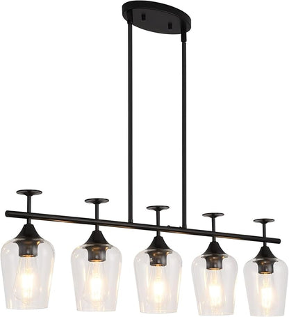 5-Light Linear Chandelier 35.4in Black Kitchen Island Lighting Fixture Dining Room Light Fixture Pendant Lights Ceiling Hanging Modern Kitchen Chandeliers Over Table with Clear Glass Shades