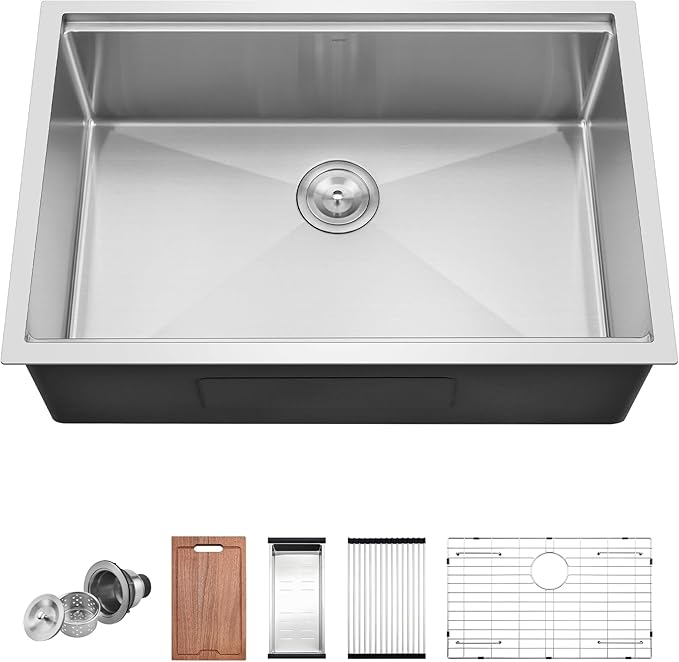 PEPO 33 Inch Kitchen Sink Undermount - 33 x 19 Undermount Kitchen Sink Workstation Deep Single Bowl 16 Gauge Stainless Steel Sinks Basin