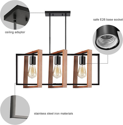 3-Light Island Lights for Kitchen, Rectangular Wood and Black Metal Kitchen Island Chandelier 23.6" Adjustable Rustic Modern Dining Room Light Fixtures Over Table, Chandeliers for Dining Room