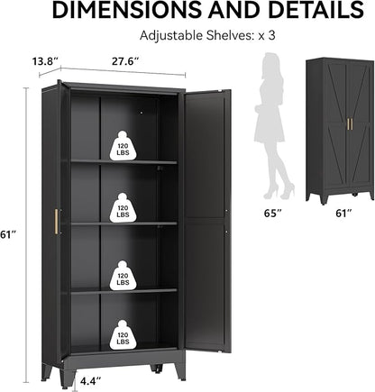 COFaR 61" Metal Pantry Cabinet in Black, Modern Storage Cabinet with Adjustable Shelves, Sturdy Metal Cupboard for Kitchen, Office, Living Room & Bathroom Organization