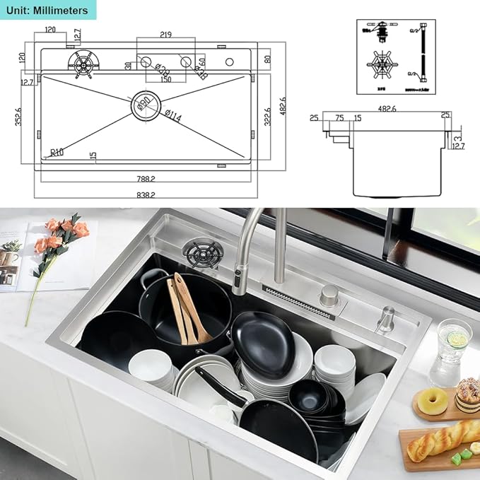 33 Inch Waterfall Kitchen Sink Drop In-iAnomla 33x19 Stainless Steel Drop In Kitchen Sink Workstation Modern Sinks 16 Gauge Single Bowl Deep Smart Sinks with Faucet and Cup Washer Combo