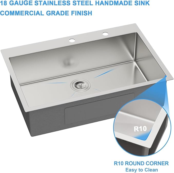 33 Inch Drop in Kitchen Sink-33x19 Drop in Kitchen Sink 18 Gague Topmount Stainless Steel Single Bowl Handmade Sinks Large Deep Basin 33"x19"x9"