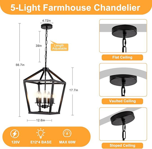 5-Light Black Pendant Lights Kitchen Island, 13 Inch Farmhouse Pendant Light, Adjustable Height Iron Lantern Black Pendant Light Fixtures, Cage Farmhouse Chandelier Island Lights for Kitchen Foyer