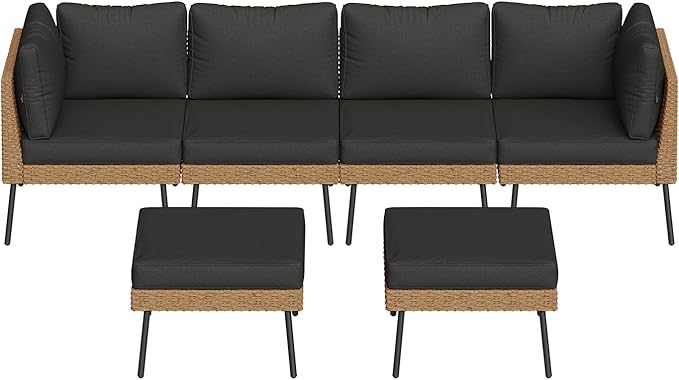 Aoxun 6 Piece Patio Furniture Set, 6 Seats Outdoor Sectional Sofas with Thick Cushion, Wicker Outdoor Patio Furniture Set with Ottomans for Party, Garden, Backyard, Black