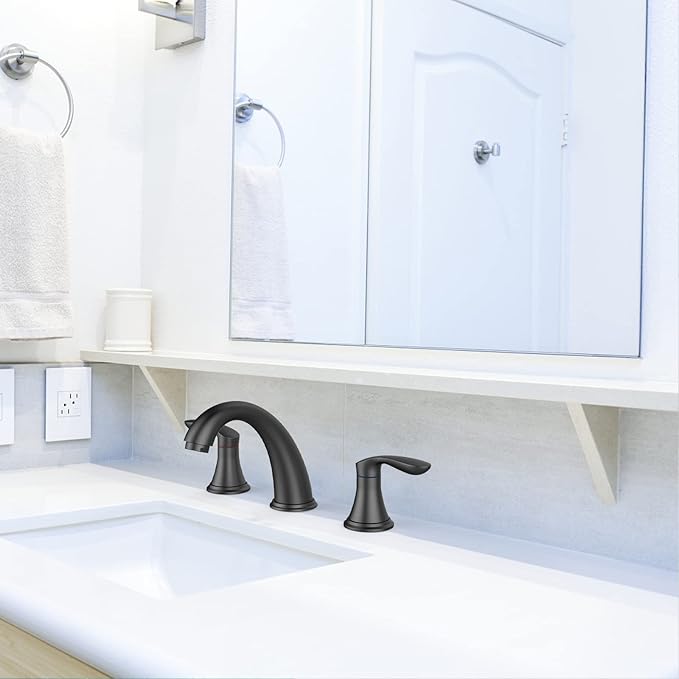 Bathroom Sink Faucet, Faucet for Bathroom Sink, Widespread Matte Black Bathroom Faucet 3 Hole with Stainless Steel Pop Up Drain and cUPC Lead-Free Hose - (Matte Black)