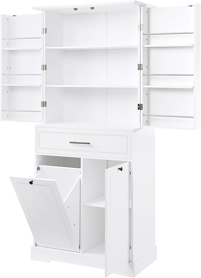 72.6" Storage Cabinet with Drawer and Door Shelf, Tilt-Out Laundry Hamper, Tall Freestanding Pantry Organizer Rack for Kitchen, Living Room or Bathroom, White