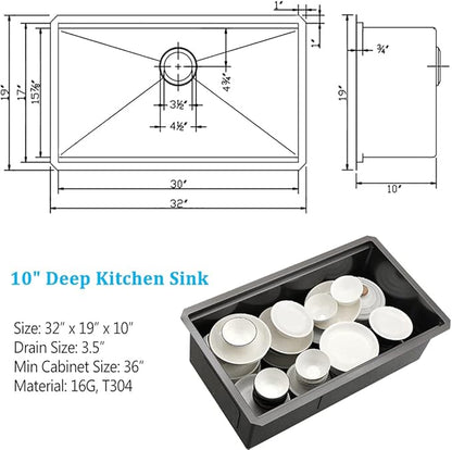 Black Undermount Kitchen Sink, 32x19 Kitchen Sink Undermount Black Stainless Steel Sinks Ledge Workstation 16 Gauge Deep Single Bowl Basin with Cutting Board