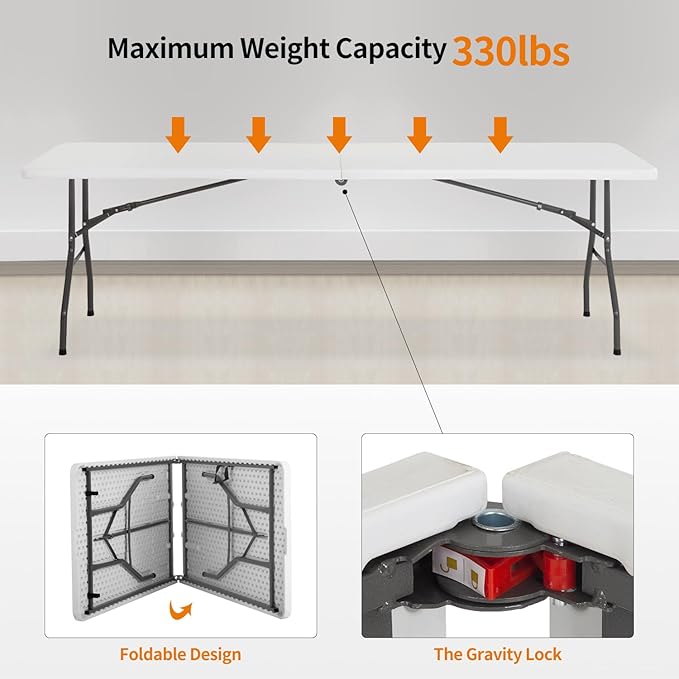 BestOffice Camping Folding 8 Foot Plastic Table, White