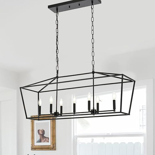 Lantern Island Light 7-Light Black Chandelier Dining Room Light Fixtures Over Table Rectangle Kitchen Island Chandeliers Modern Hanging Light Fixture