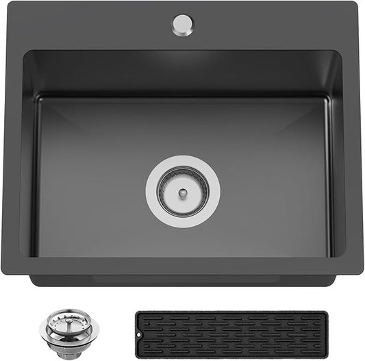 Black 20x16 In Kitchen And Bar Sink- Stainless Steel Drop In Kitchen Sink Modern Single Bowl Topmount Bar Sink With Silicon Mat,Drain Strainer Set Compatibility With Various Kitchen & Bar Style