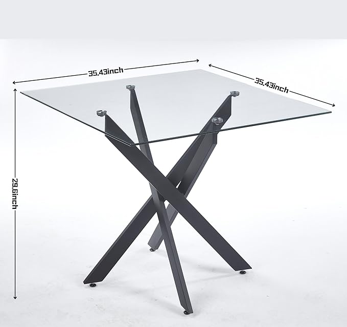 35.43'' Square Glass Dining Table,Modern Kitchen Table for 2-4 People,Dining Room Table with Tempered Glass Top and Metal Legs for Kitchen Apartment
