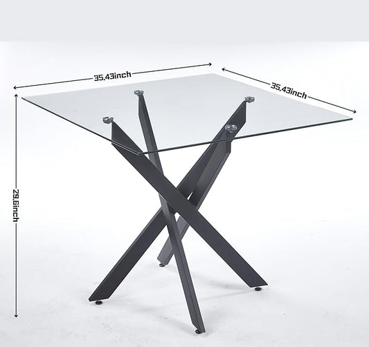 35.43'' Square Glass Dining Table,Modern Kitchen Table for 2-4 People,Dining Room Table with Tempered Glass Top and Metal Legs for Kitchen Apartment