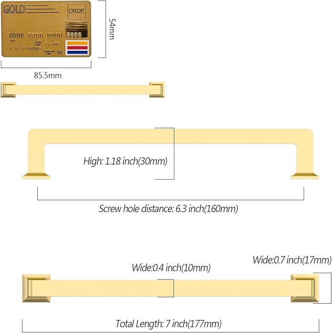 Amerdeco 10 Pack Brushed Gold Cabinet Pulls, 6.3 Inch(160MM) Hole Centers, Kitchen Cabinet Hardware, Modern Style, Indoor Use, Brass Material, Gold Finish