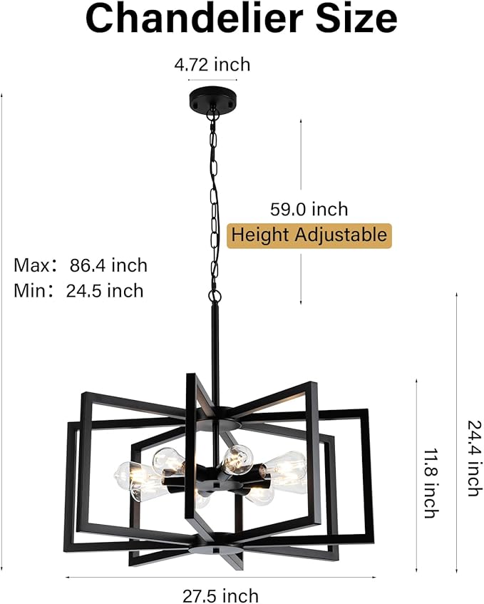 Modern Chandelier, 27.5'' Large Black Chandelier Light Fixture Industrial Max 60'' Hanging Adjustable Farmhouse Chandeliers for Dining Room Entryway Living Room Kitchen (8-Light, E26)