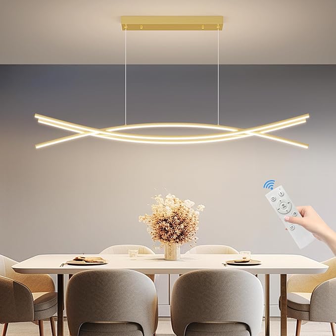 Modern Ceiling Chandelier Light, 39IN Gold Pendant Light Fixtures with Remote Control 3000k-6500K Adjustable Color Temperature, Aluminum Island Lighting Lamp for Dining Room, Living Room, Island