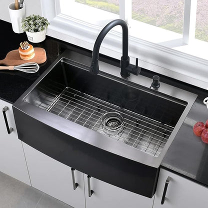 36 Inch Black Drop In Farmhouse Sink Workstation-Hovheir 36x22 Black Stainless Steel Kitchen Sink Drop In Apron Front Farm Sinks 16 Gauge Deep Single Bowl Farmhouse Kitchen Sinks Top Mount