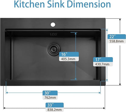 LQS Black Drop In Kitchen Sink, 33x22 Drop In Kitchen Sink, 16 Gauge Stainless Steel Sink Top Mount Deep & Large Sink with Multifunctional Workstation Kitchen Sinks and Practical Accessories
