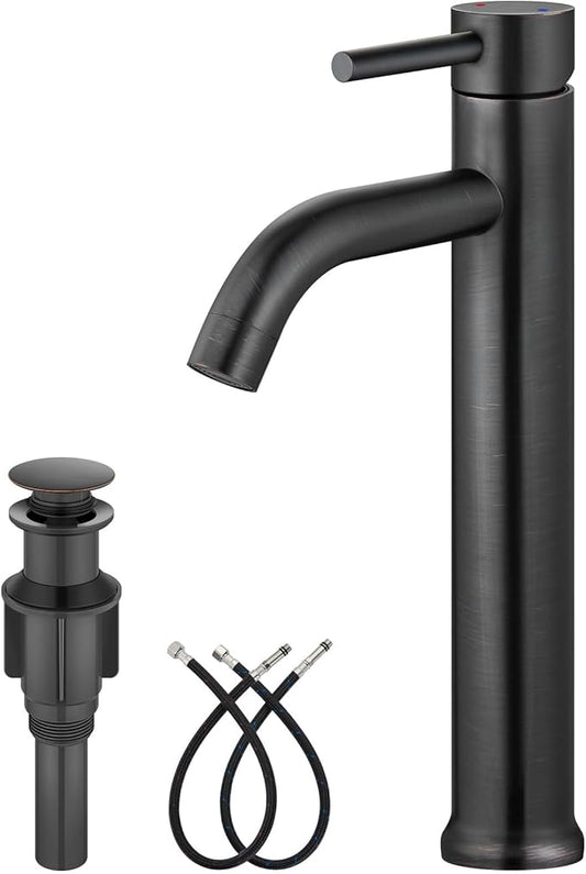 Aolemi Vessel Sink Faucet – SUS304 Stainless Steel Tall Bathroom Faucet,Single Lever Handle,1 Hole Bathroom Faucets with Supply Lines and Pop Up Drain,Oil Rubbed Bronze