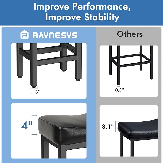 Raynesys Counter Height Bar Stools Set of 2, 24 Inch Barstools for Kitchen Island Counter, Bonded Leather Kitchen Stools with Thick Saddle Seats & Heavy Duty Metal Base, Easy Assembly, All Black