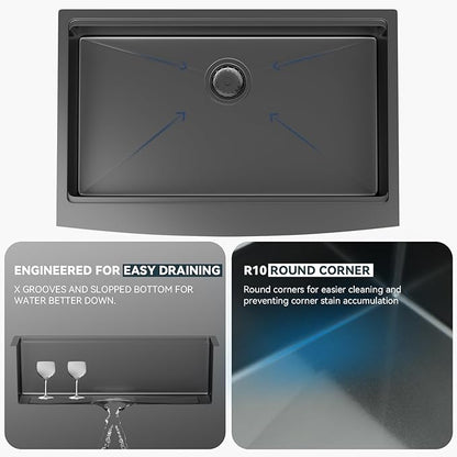 36 Black Farmhouse Sink - Lordear 36 Inch Kitchen Sink Ledge Workstation Gunmetal Black 16 Gauge Single Bowl Apron Front Farm Sinks Basin, 9" Apron Height