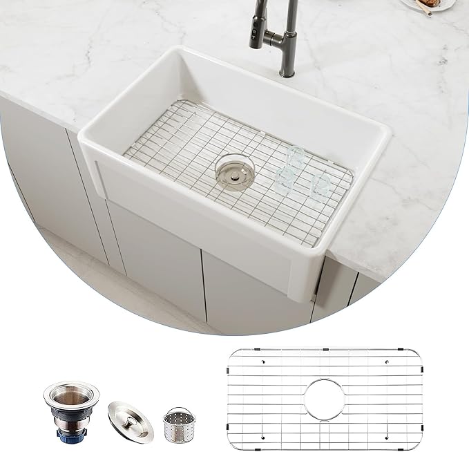 30 Inch White Farmhouse Sink Apron Front Ceramic Porcelain Fireclay Single Bowl Sink Large Deep Farm Kitchen Sinks 30" x 20" x10"