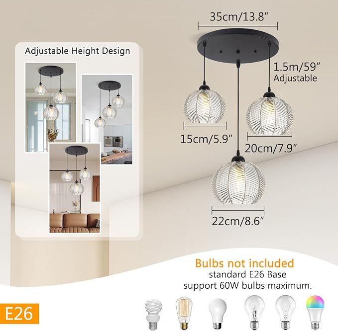 mid Century Pendant Lights Kitchen Island Chandelier Clear Black Pendant Light Pumpkin Design with Ribbed Glass Shade Modern Adjustable Cord Glass Ceiling Pendant Light Dining Room