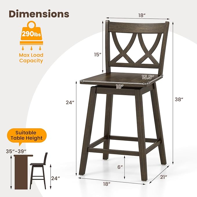 Giantex 24" Bar Stools Set of 2, Swivel Wooden Bar Chairs with Rubber Wood Frame, Footrest & Ergonomic Backrest, Counter Height Barstools for Kitchen Island, Restaurant & Pub, Dark Grey