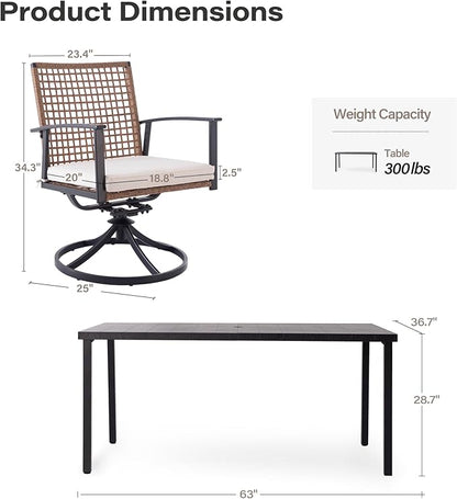 LAUSAINT HOME 7 Pieces Patio Dining Set, Outdoor Furniture Set of 6 Swivel Chairs with Soft Cushion and Iron Slats Table Top with Umbrella Hole, Conversation Set for Backyard