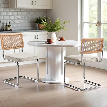 Zesthouse Natural Rattan Dining Chairs Set of 6, Mid Century Cane Dining Room Chairs with Solid Wood Back & Chrome Base for Kitchen, Breuer Design Inspired, Upholstered Linen Fabric, Beige