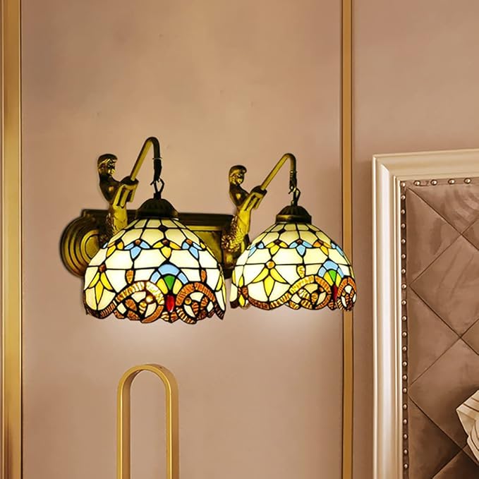 Tiffany Wall Sconce Lighting with Mermaid 2-Light Antique Wall Light Fixture Stained Glass Bowl Shade Bronze Finish Retro Vintage Wall Lamp for Bedroom Hallway Stairway Balcony Bathroom (Yellow)