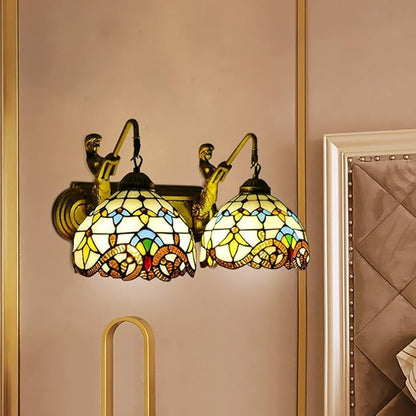 Tiffany Wall Sconce Lighting with Mermaid 2-Light Antique Wall Light Fixture Stained Glass Bowl Shade Bronze Finish Retro Vintage Wall Lamp for Bedroom Hallway Stairway Balcony Bathroom (Yellow)