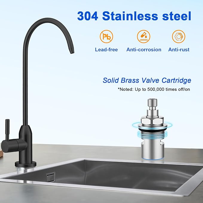 Drinking Water Faucet - Long Thread Stem Filtered Water Tap for Thick Countertop,Lead-Free RO Faucet with Hose and Push Connect Fittings(Matte Black)