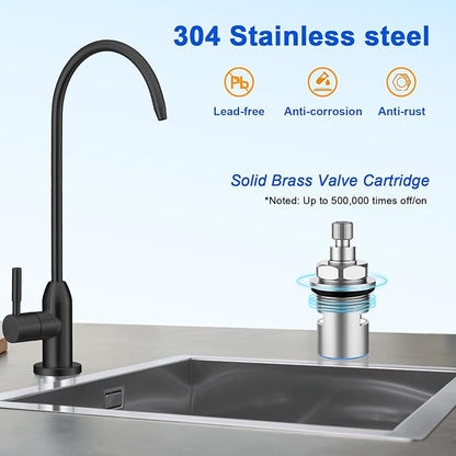 Drinking Water Faucet - Long Thread Stem Filtered Water Tap for Thick Countertop,Lead-Free RO Faucet with Hose and Push Connect Fittings(Matte Black)