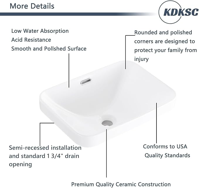 Bathroom Vessel Sink 18.2'' x 13.3'' Small Semi Recessed Bathroom Sink Rectangular Drop In Sink with Overflow White Ceramic Modern Vessel Sinks for Bathroom